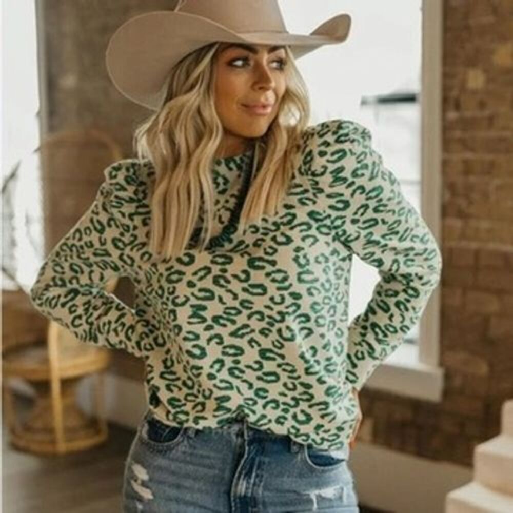 Fate Cream Animal Print Jacquard Puff Sleeve Crewneck Top Size S
